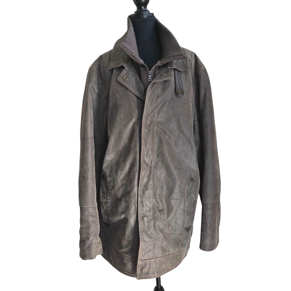 Danier Brown Leather Jacket with Ribbed Collars and Distressed Finish Size L